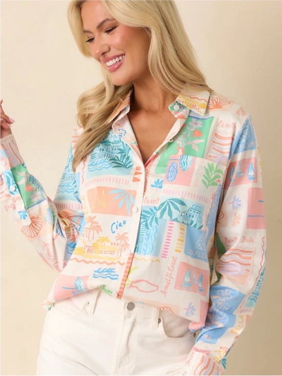 Prosperina Tops - Prosperina Paula Multi Print Cotton Button Front Blouse Top NWT Size Large